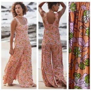 Free People Orange Floral Wide Leg Aloha Jumpsuit Medium